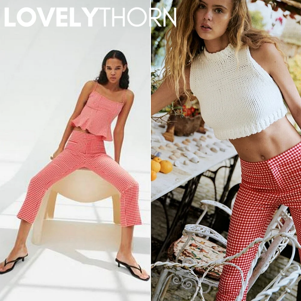 ZARA // red & white textured gingam hi waist crop mini flare pants - Picture 10 of 14